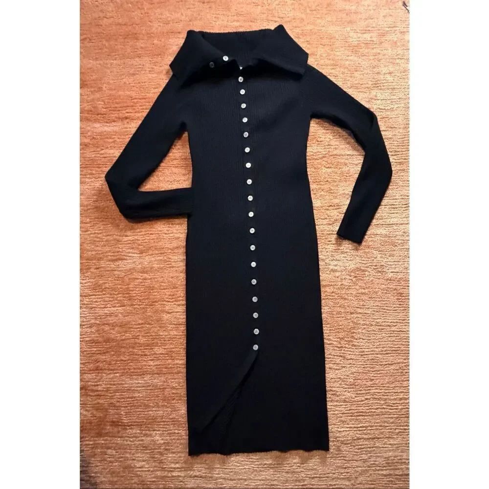 Fashion Nova Black Ribbed Button Down Midi Dress Size L